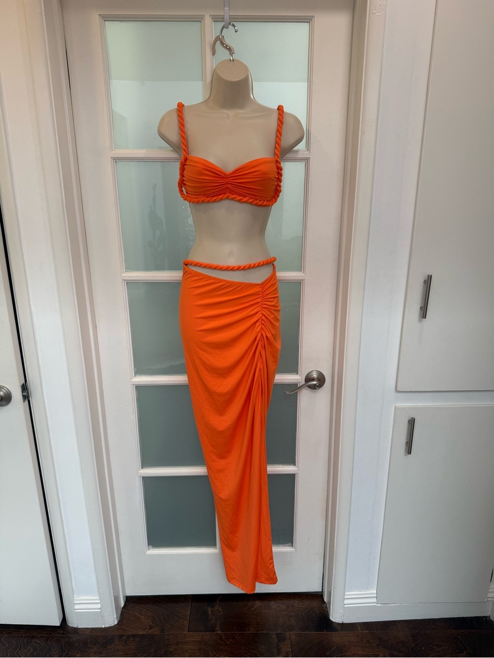 Orange Ruched Maxi Skirt — Sleek High-Waist Women's Skirt